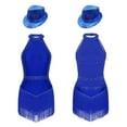 thumbnail image 2 of Miutii Kids Girls Jazz Latin Dance Leotard Dress Sleeveless Shiny Sequin Tassel Bodysuit with Hat Royal Blue M, 2 of 9
