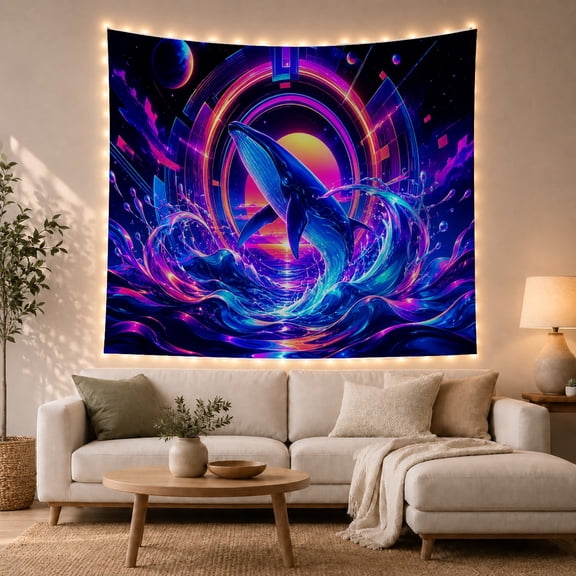 Blue Whale Leaping from Swirling Water Against Neon Rings, Energetic Surreal for Sci-Fi Fans, Fantasy Art Print, Birthday Gift Tapestry Wall Hanging for Bedroom and Dorm