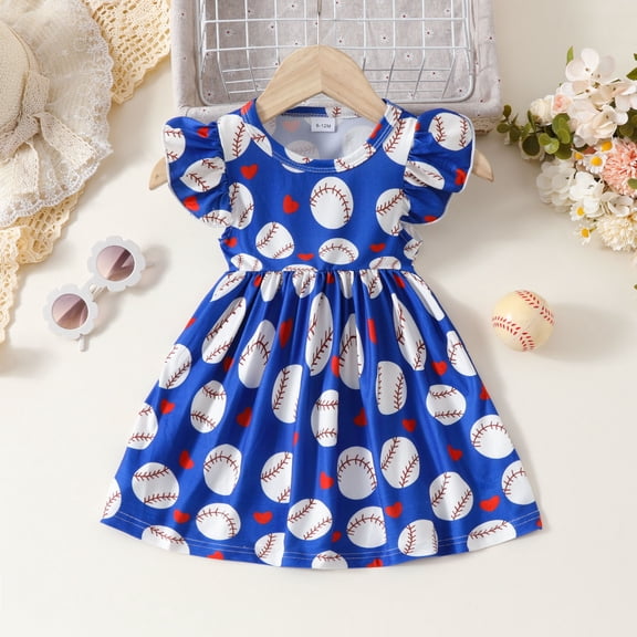 Girl's Dresses Fly Sleeve Cartoon Baseball Print Holiday Dance Party Kids Clothes