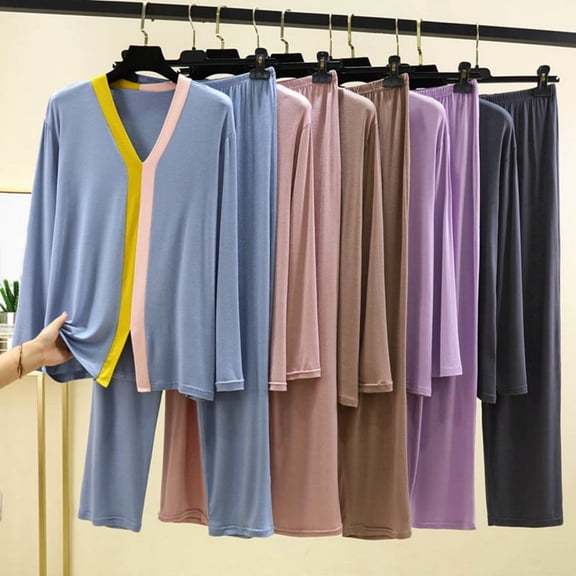 PNTUTB Pajama Set for Women Color Block Long Sleeve V-neck Top and Elastic Waist Pants Loose Casual Comfort Soft Two Piece Set