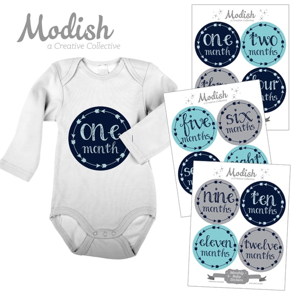 Modish Monthly Baby Stickers, Boy, Arrows, Tribal, Navy Blue, Aqua, Gray, Baby Photo Prop, Baby Shower Gift, Baby Book Keepsake