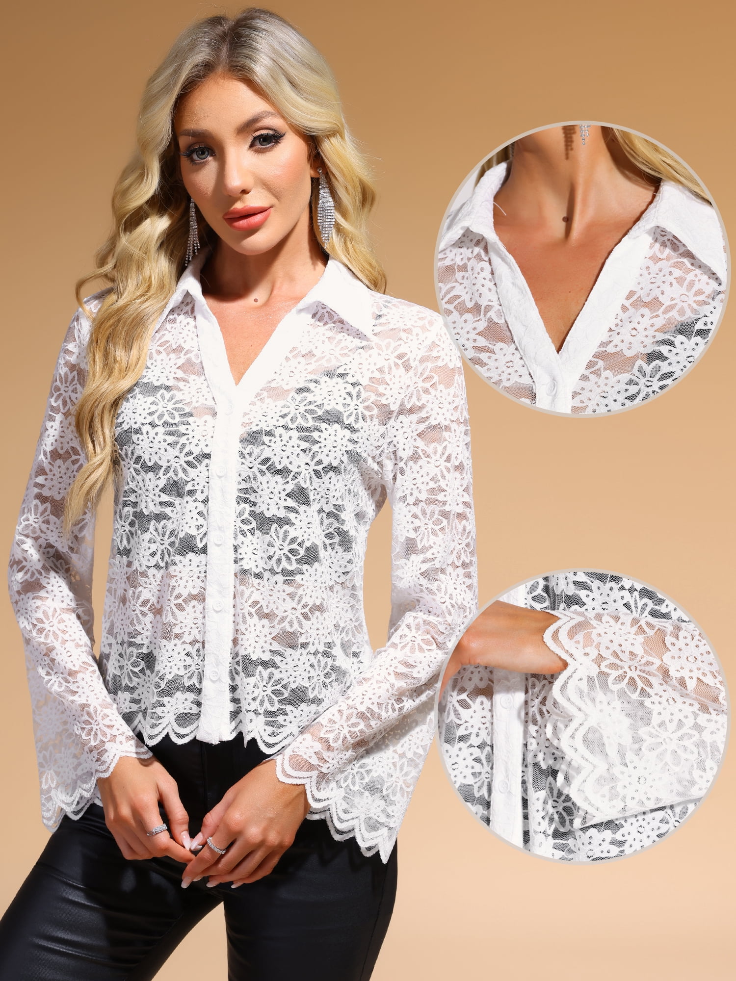 DARING DIVA Women's V-neck Elegant Lace Bell Sleeve Sheer Top Shirts S White