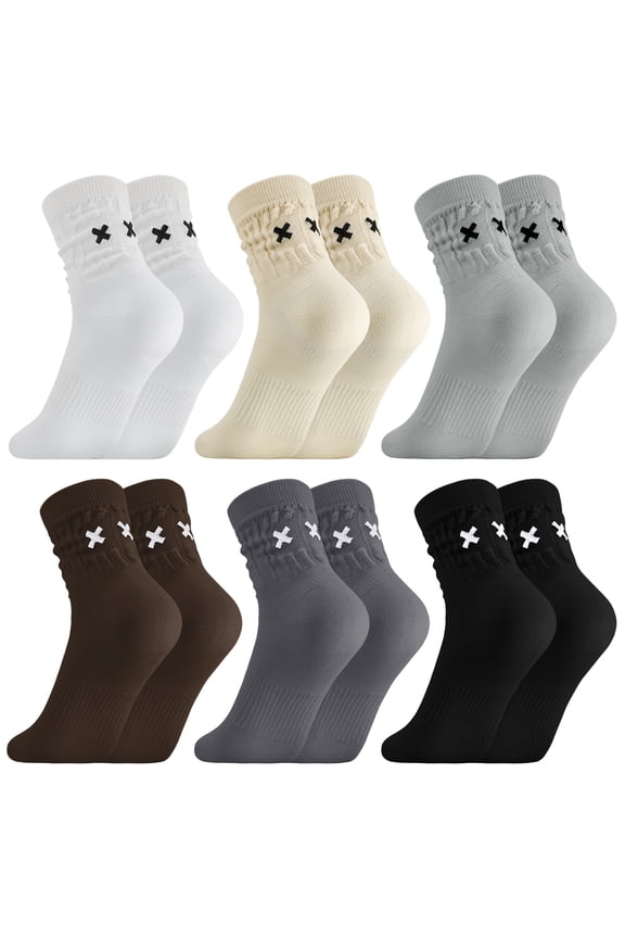 6 Pairs Slouch Socks for Women, Funny Embroidery Heel Soft Cotton Scrunch Knee High Socks, Retro Cozy Crew Socks for Women Size 6-10, Mid Calf, Ribbed, Gift Idea