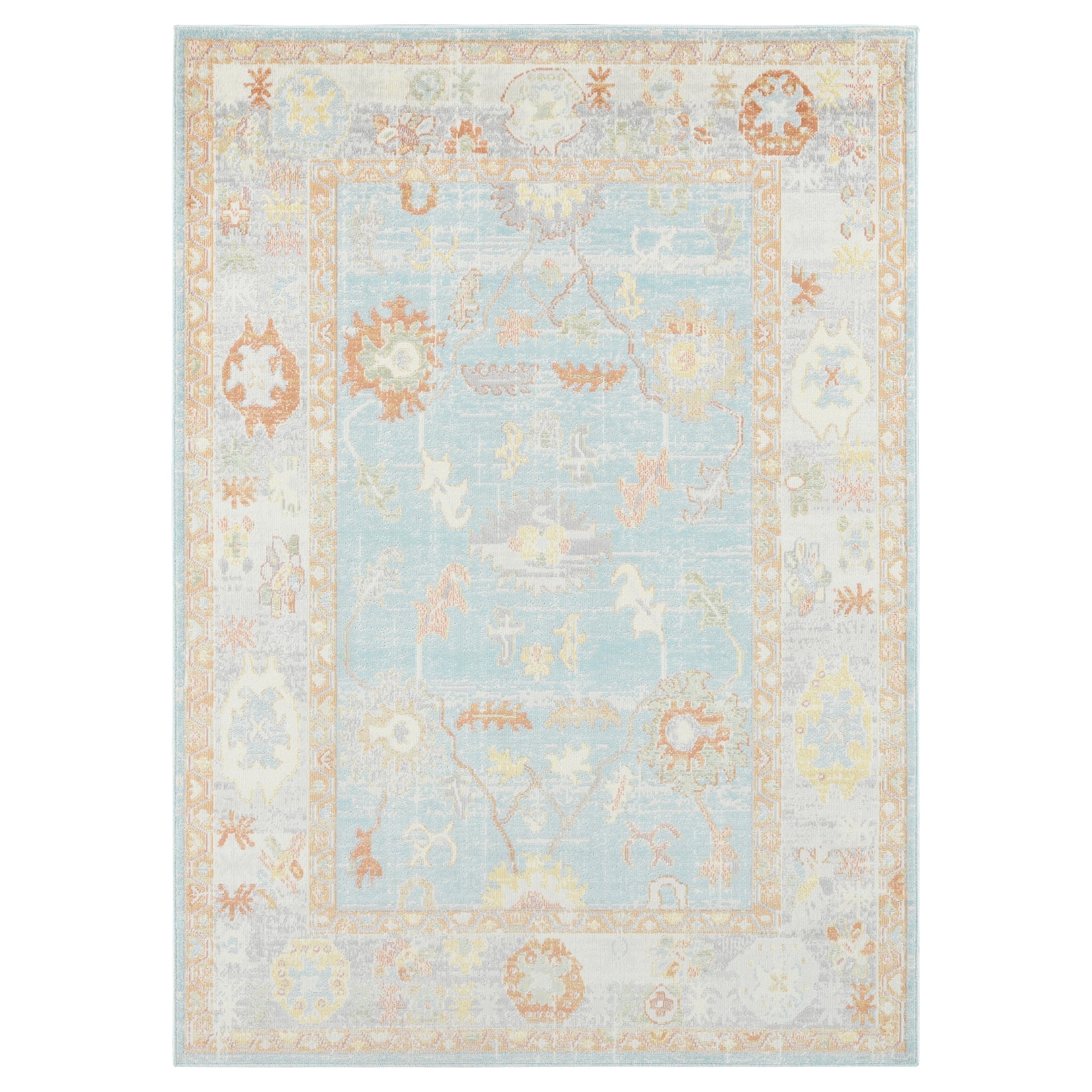 Luxee Designs Bohemian Style Bordered Indoor/Outdoor Area Rug 5x7 for High Traffic Area - Aqua/Beige