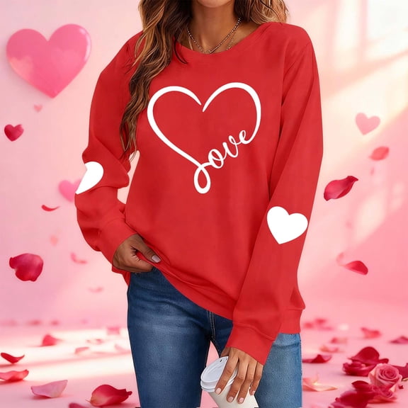 BLTIBY Valentine Shirts for Women Love Heart Graphic Sweater Long Sleeve Round Neck Pullover Blouse Fashion Casual Valentines the Day Top Red 2 M