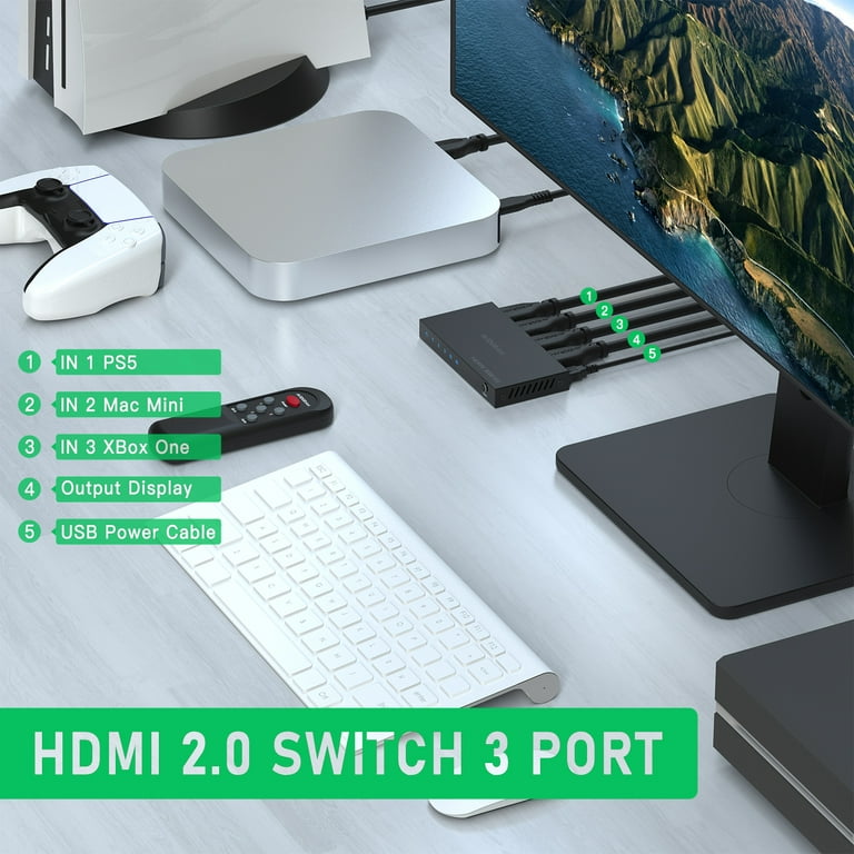 HDMI Switch 4K 60Hz, AVIDGRAM HDMI 2.0 Switcher 4 in 1 Out, 4 Port HDMI  Selector Box with IR Remote Control Support HDCP 2.2 HDR10 3D 18Gbps