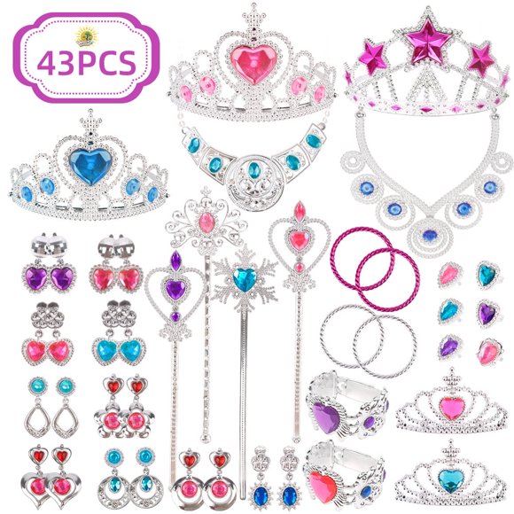 Bamboohart 43 Pcs Princess Pretend Jewelry Toy Jewelry Dress Up Play Set for Girls Included Necklaces Earrings