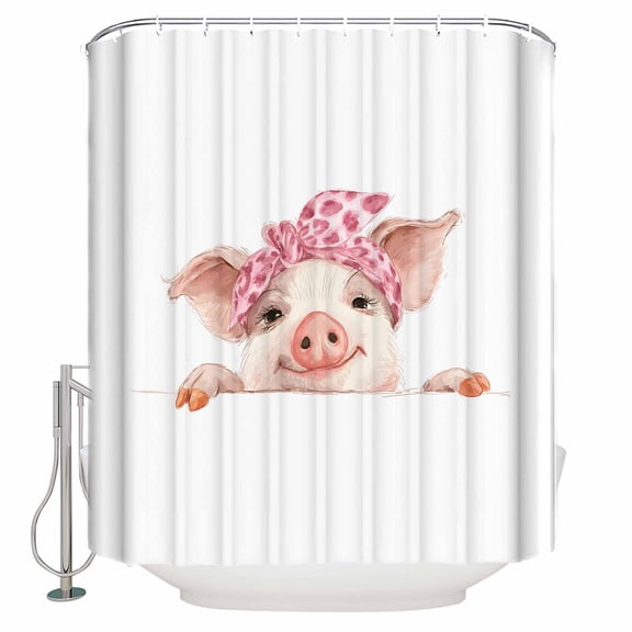 Pink Pig Bathroom Shower Curtains with 12 Hooks Polyester Waterproof Shower Curtain for Stalls and Bathtubs Cute Bathing Animal Cartoon Watercolor White Decorative Bathroom Privacy Curtain 72x96 Inch