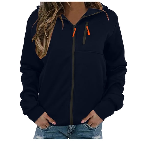Zip Up Hoodie Women Fall Winter Relaxed Fit Hooded Long Sleeve Bell One Shoulder Zipper Solid Color Leisure Cotton Hoodies Sweatshirts(Navy,S)