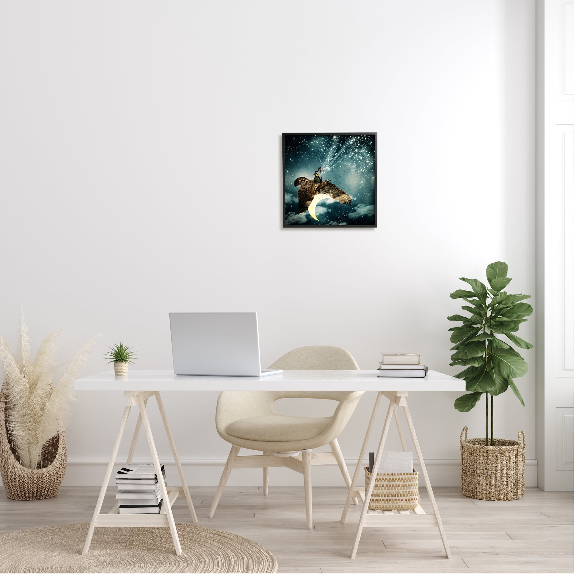 Dreamy Surreal Bird Flying Moon Harp Galaxy Stars Animals & Insects Painting Framed Art Print Wall Art