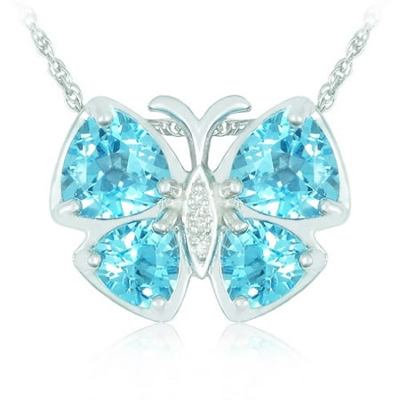 2.96 Carat T.G.W. Swiss Blue Topaz and Diamond Accents in Sterling Silver Butterfly Pendant, 18