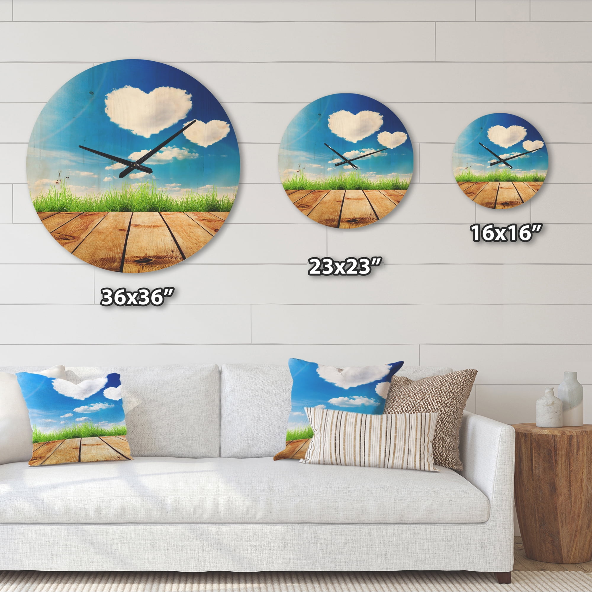 Designart 'Cloud Hearts on Blue Sky Grass Field' Farmhouse Wood Wall Clock