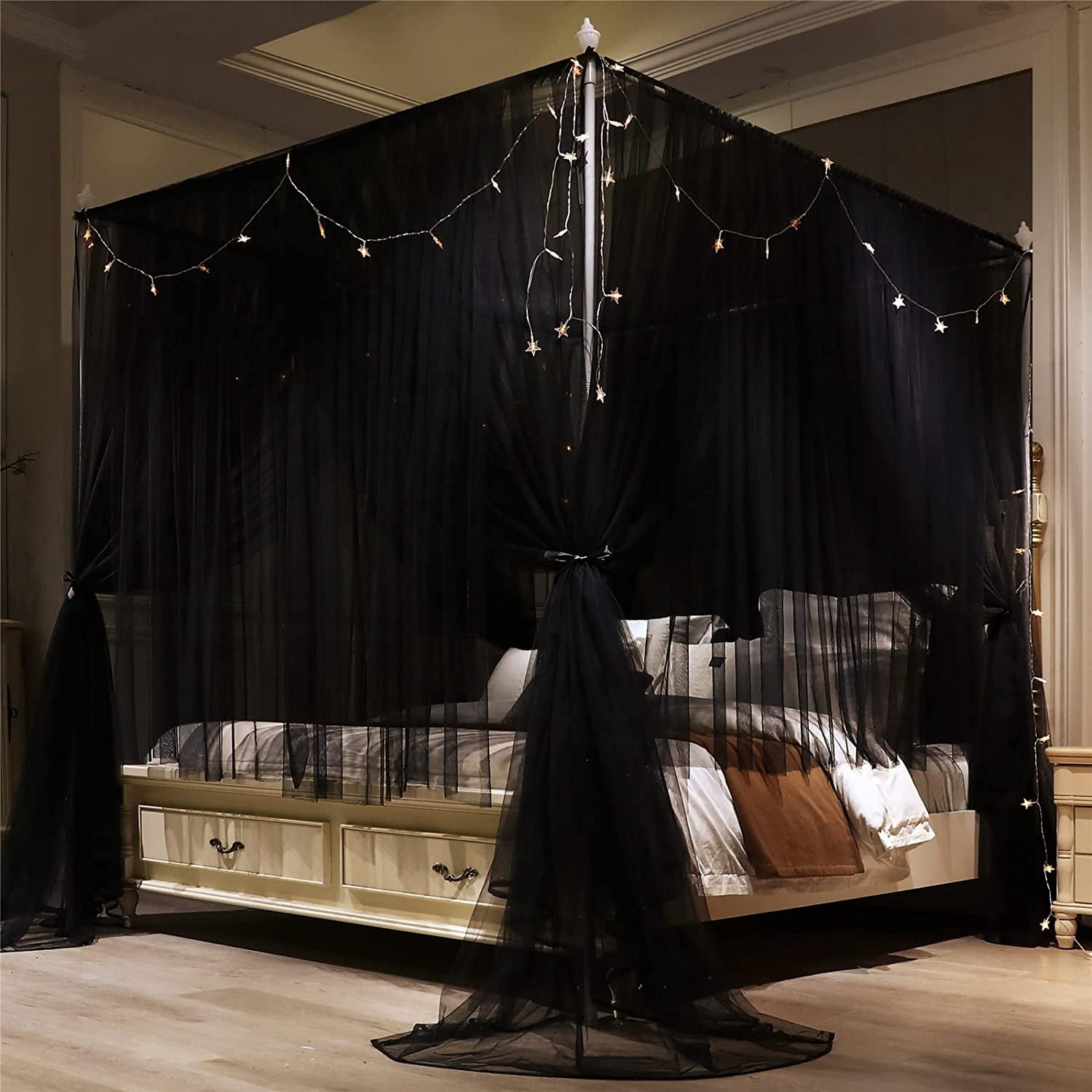 4 Corners Post Princess Bed Canopy Curtain Double Layer Cozy Drape Netting 4 Opening Mosquito Net for Girls & Adults Bedroom Decoration Accessories (Double Black, 59" W*82" L*82"*H/(Queen))