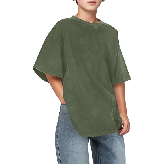 Boys Oversized Washed Crew Neck T‑Shirt Vintage Mineral Wash Short Sleeve Loose Fit Casual Tee Soft Breathable Kids Basic Top for Daily School Outdoor Play Wear(Army Green,11-12 Years)