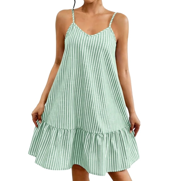 ClodeEU Women's Spaghetti Strap V Neck Ruffle Hem Swing Dress,Casual Flowy Summer Sundress Green,Women's Plus L
