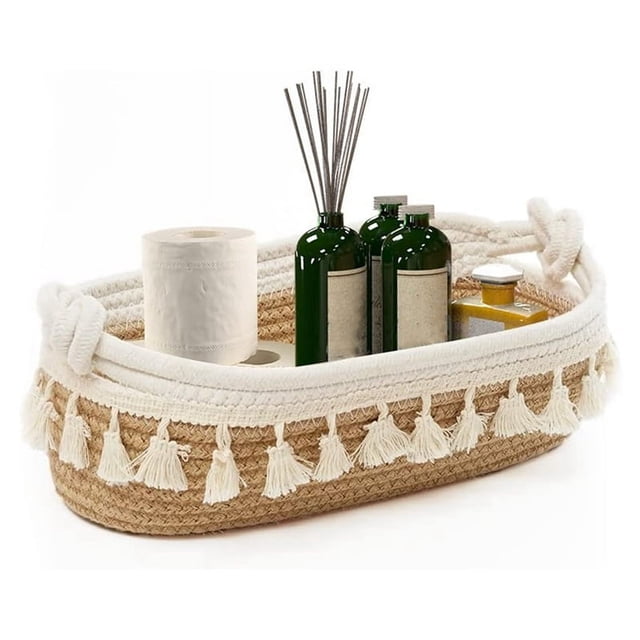Cesta de almacenamiento de papel higiénico para baño, cesta de almacenamiento tejida para la parte superior del tanque del inodoro, decoración bohemia, cestas de almacenamiento decorativas