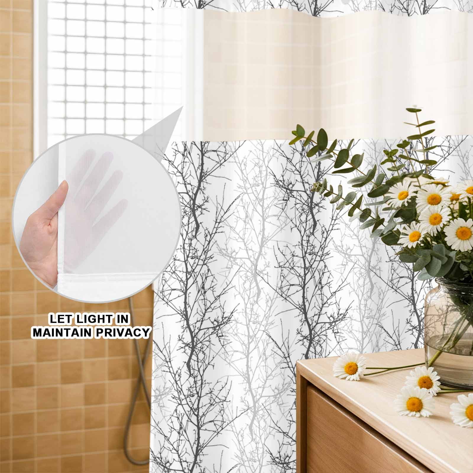 No Hook Shower Curtain, Black Gray Waterproof Fabric Shower Curtains for Bathroom, Pastoral Botanical Branch Aesthetics Standard Bathroom Curtain with Mesh Top Window for Home Hotel Bathtub 72"x72"
