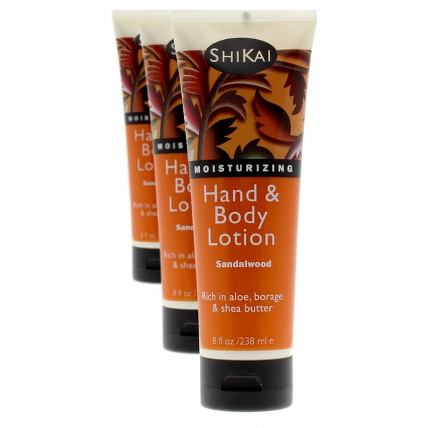 Loción para manos y cuerpo de sándalo ShiKai (paquete de 3 de 8 oz) | Cuidado de la piel hidratante diario para manos secas y agrietadas | Con aloe vera y vitamina E