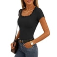 thumbnail image 3 of Womens Short Sleeve Ribbed Tops Square Neck Lace Trim Fitted Tight Shirts Casual Basic Tee Spring Clothes 2026 Trendy Black XL, 3 of 4
