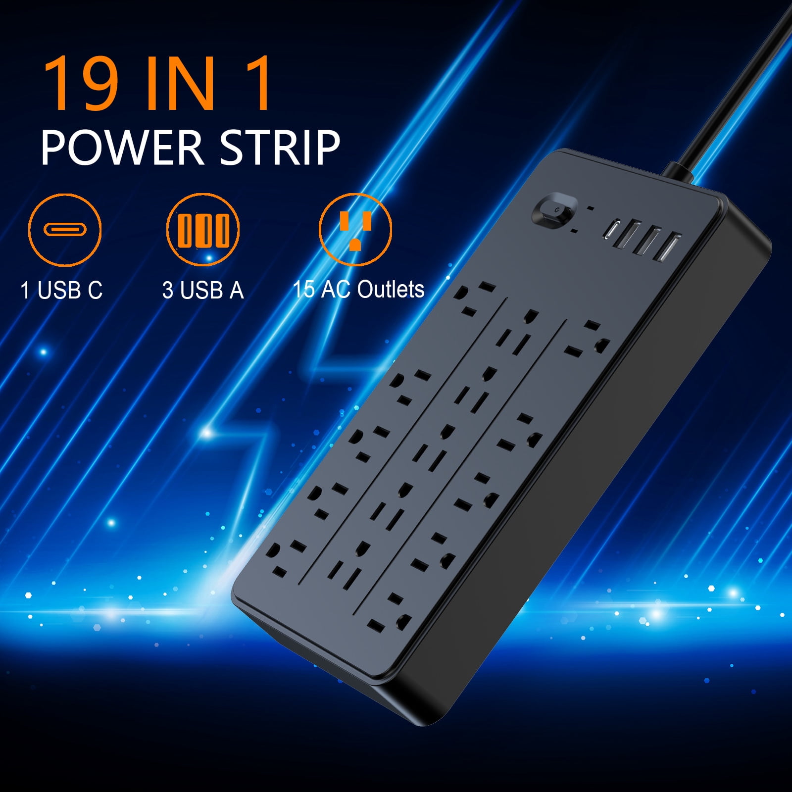 Surge Protector Power Strip with 5FT Extension Cord, 15 Outlets and 4 USB Ports, Muti-Outlets Ports Desktop Charging Station for Home, Office, 2100 Joules