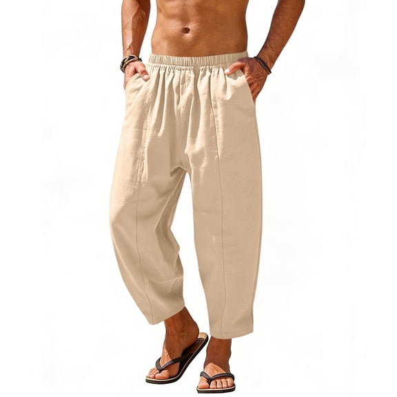 YUTK Mens Lounge Pants New Fashion Mens Pant Casual Elastic Waist Trousers Boho Solid Pockets Pants Beige Xxl