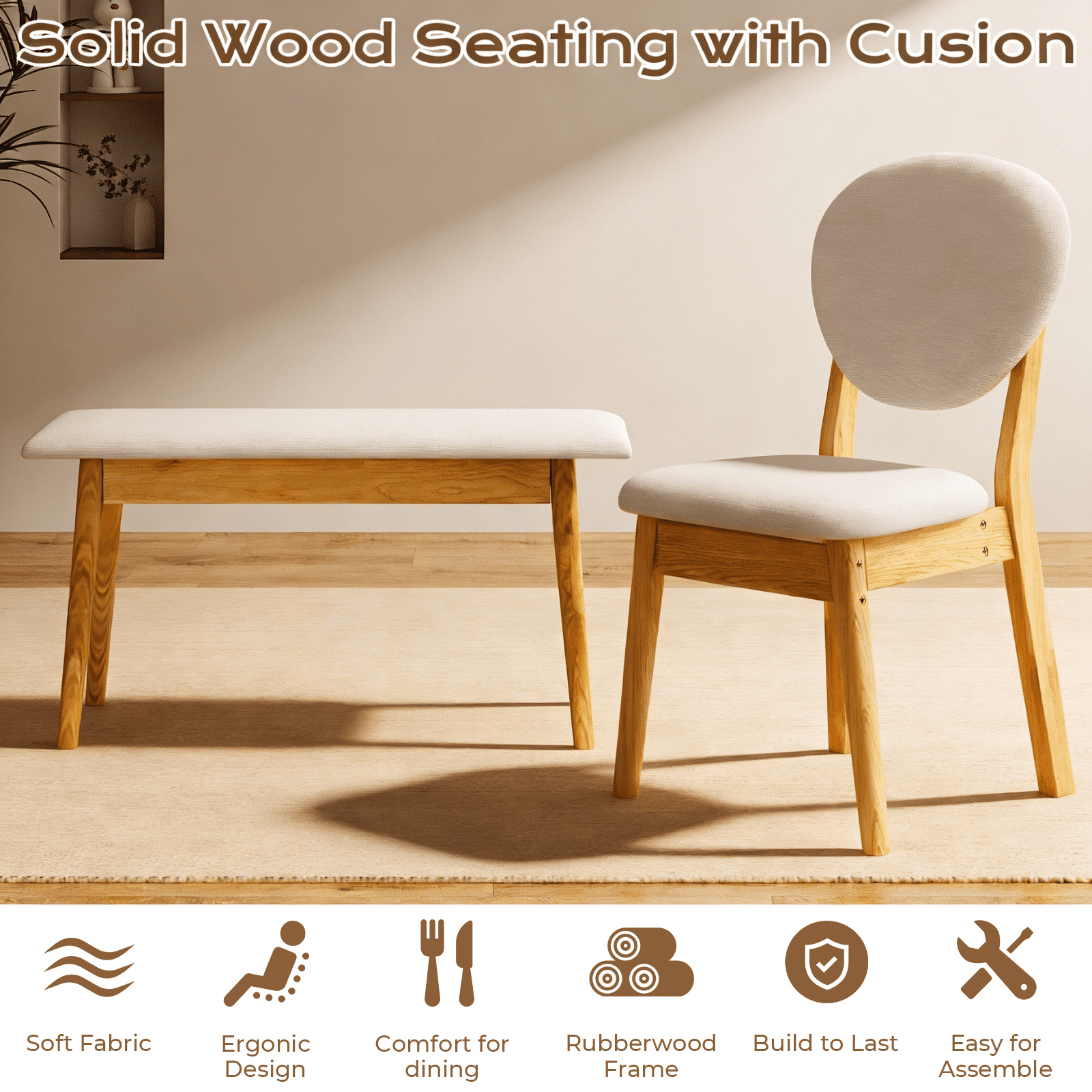 Ktaxon Solid Wood Dining Table Set for 6, Mid-Century Dining Room Table with 4 Padded Chairs & Bench, 47.3" Dining Room Set for 4~6 Family Use, Natural Wood