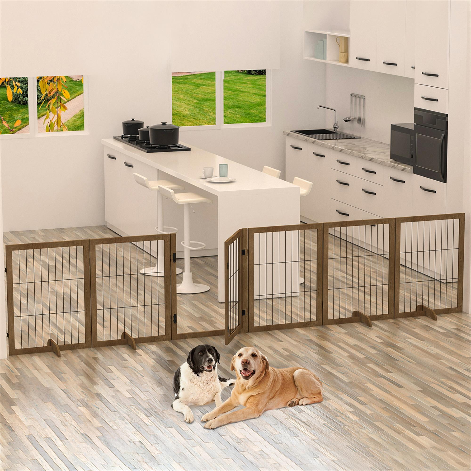 Pefilos 144" Wide Folding Pet Gate, 32" Tall No-Assembly Wood Dog Gate with Door Walk Through, Freestanding Wire Pet Gate, Pet Puppy Safety Fence, Brown Pefilos 144" Wide Folding Pet Gate, 32" Tall No-Assembly Wood Dog Gate with Door Walk Through, Freestanding Wire Pet Gate, Pet Puppy Safety Fence, Brown