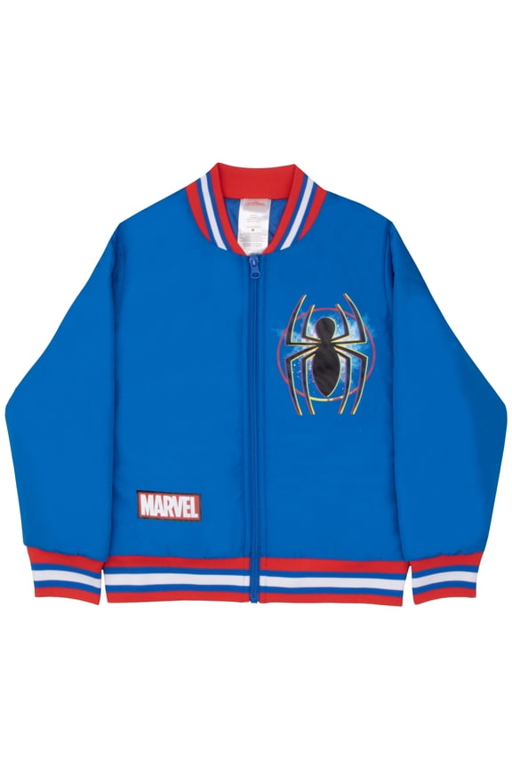Spider-Man Boys Varsity Bomber Jacket - Zip-Up Peter Parker Graphic Print Superhero Jacket for Kids - Casual Lightweight Coat (Size 4-8)