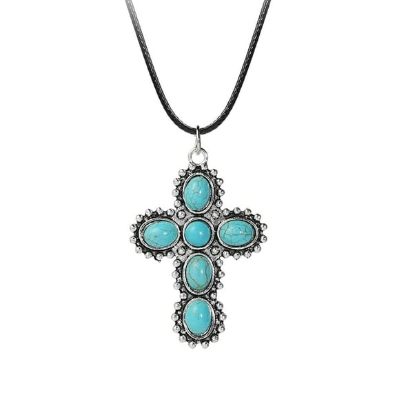 ZPAQI Vintage Cross Pendant Necklace Handmade Neck Chain Gothic Turquoise Choker