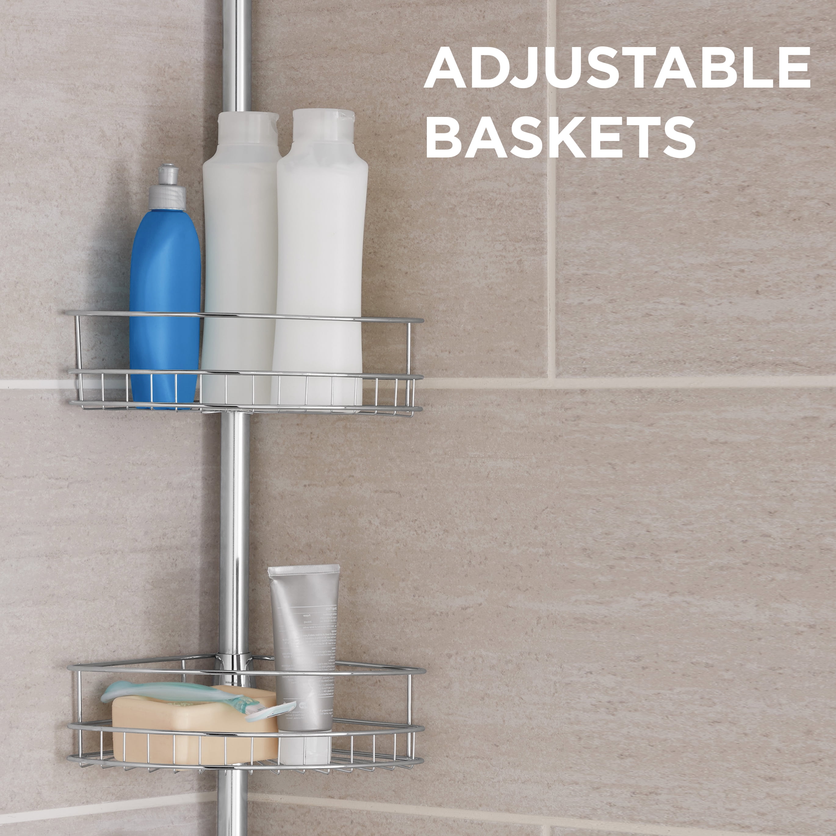 Mainstays 3-Tier Metal Tension Pole Shower Caddy, 60 to 97 in., Chrome