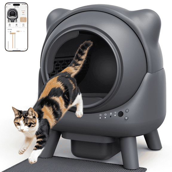 FeelNeedy Self Cleaning Cat Litter Box, 65L Large Automatic Litter Box with App Control Monitoring, Dual Safety Sensor, Odor Control, Includes Litter Mat and Waste Bags, Gray