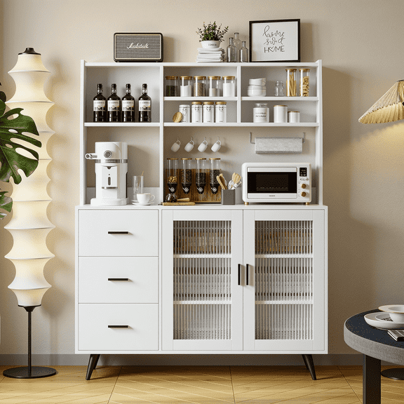 RichYa 59.6"H Kitchen Hutch Cabinet with Glass Door,Freestanding Pantry Storage Cabinets with Countertop & Adjustable Shelves for Dining Room,White