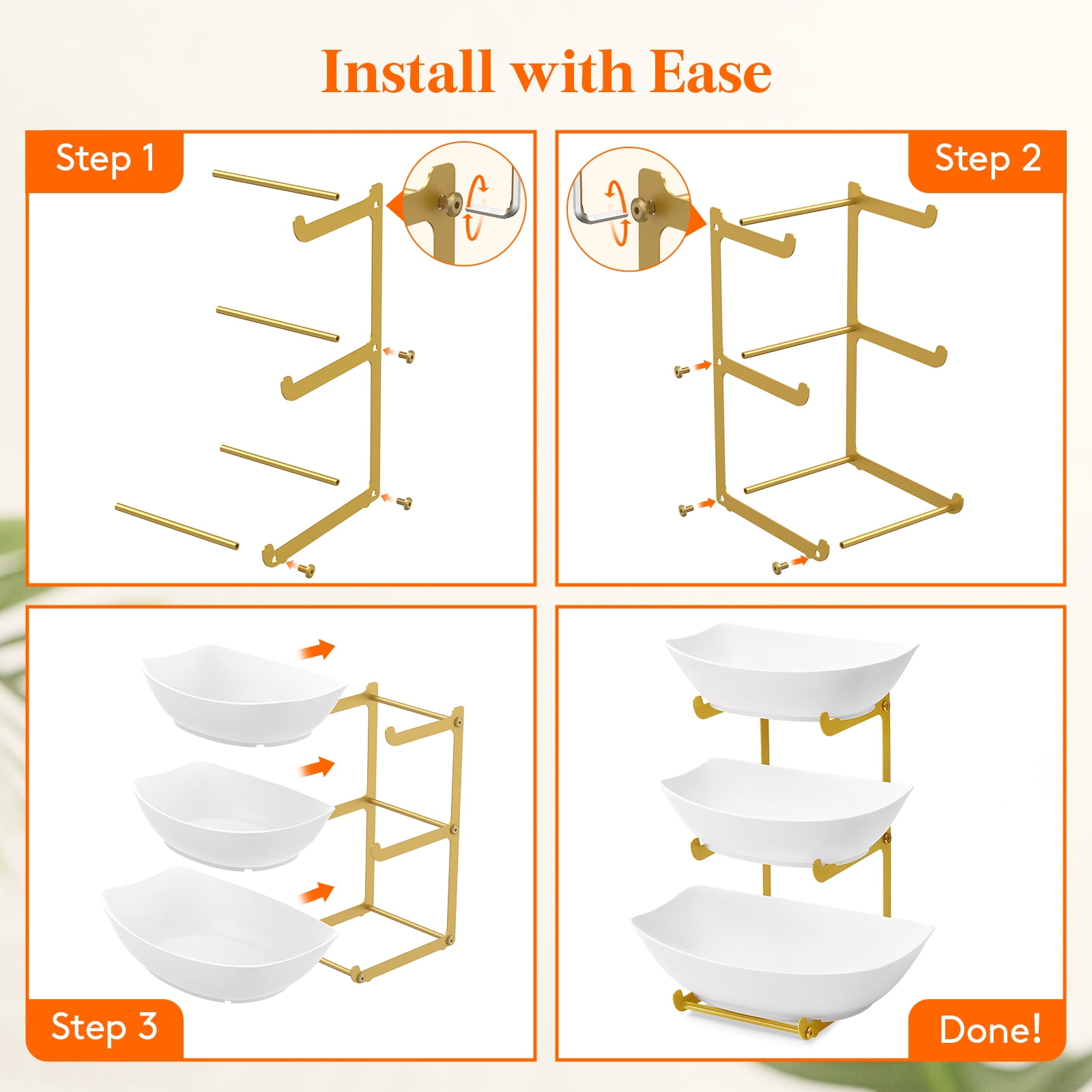 Lifewit Plastic Fruit Bowl Basket for Kitchen Countertop, 3 Tier Fruit Holder with Gold Metal Stand, Serving Tray for Food, Vegetable, Cake, Dessert in Party