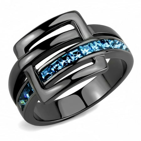 Luxe Jewelry Designs IP Light Black Stainless Steel Women s Ring with Sea Blue Crystals – Size 5