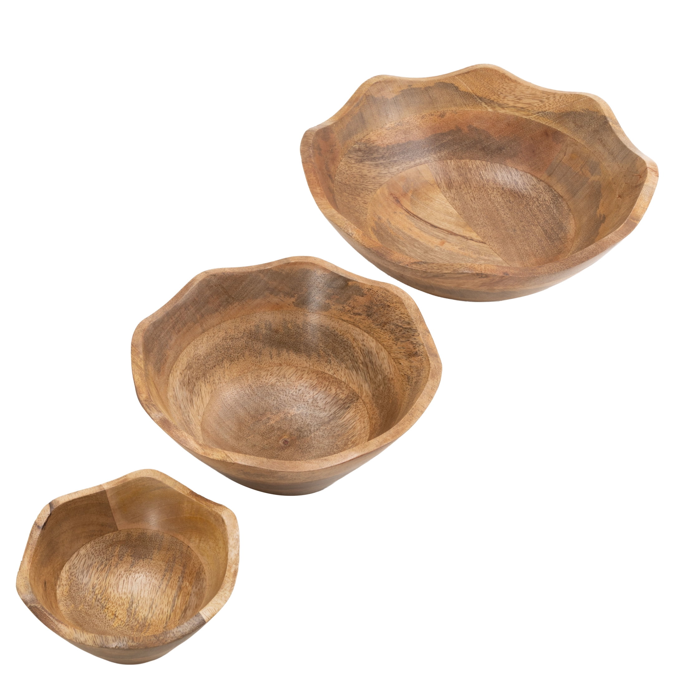 DecMode 12", 9", 6"W Handmade Round Floral Brown Mango Wood Decorative Bowl, Set of 3