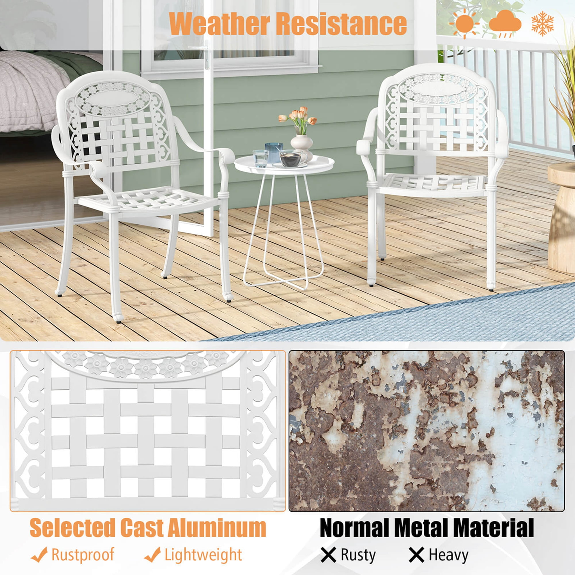 Costway 2pcs Patio Cast Aluminum Armrest Chairs Dining Stackable Outdoor White