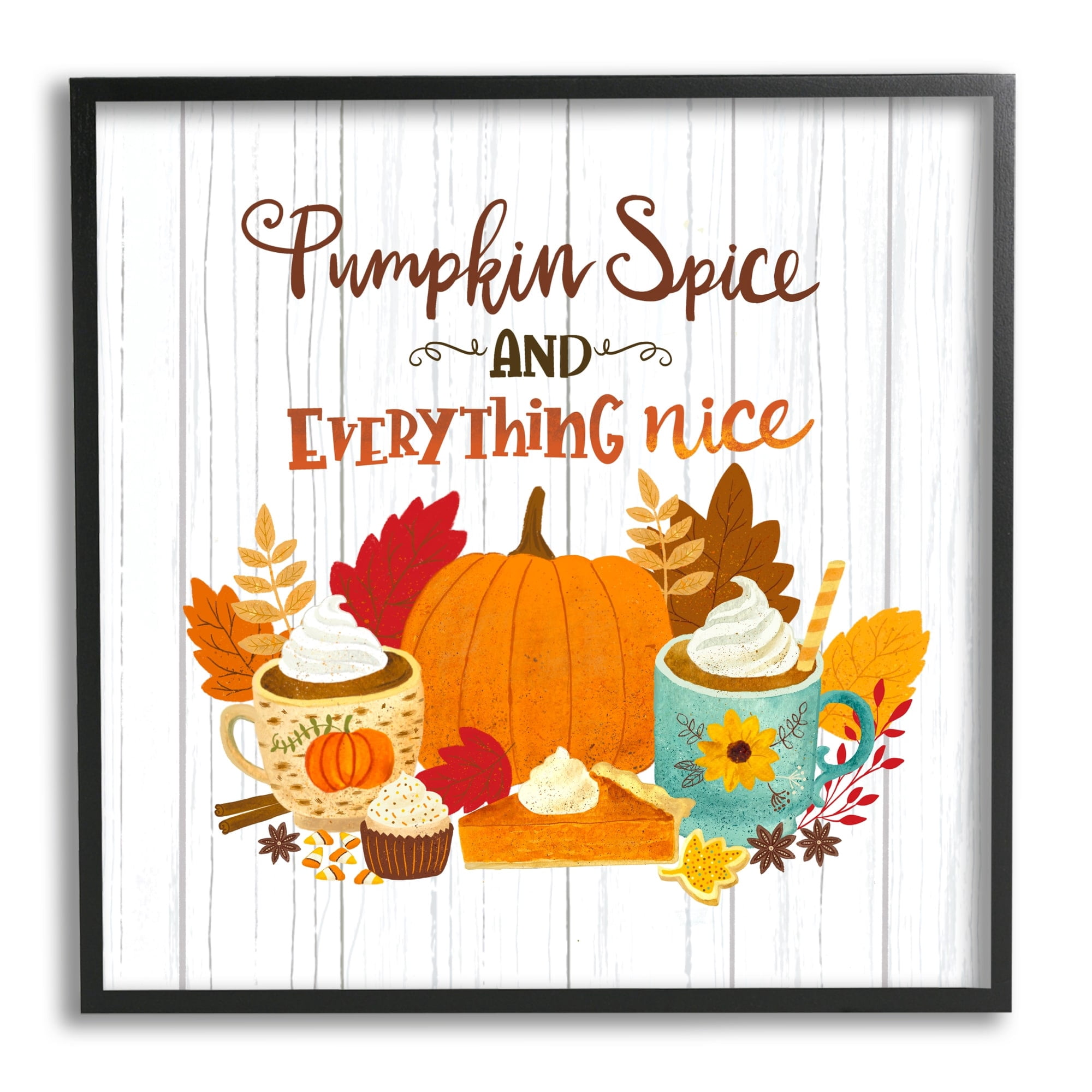 Pumpkin Spice Mugs & Pie Floral Arrangement Calligraphy Inspirational Graphic Art Framed Art Print Wall Art