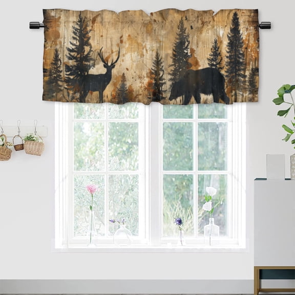 Rustic Cabin Rod Pocket Valances for Kitchen Forest Bear Deer Country Farmhouse Lodge Wooden Board Privacy Window Valances for Living Room Kitchen