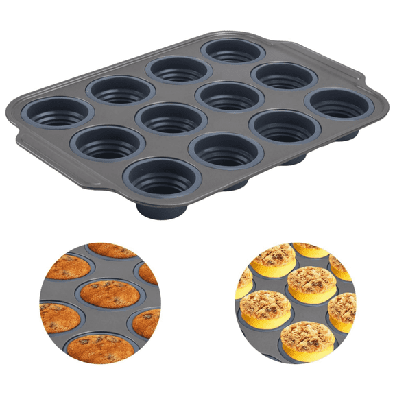 12-Cup Silicone Muffin Pan with Metal Frame - Nonstick Cupcake & Egg Bite Mold, Dishwasher Safe Bakeware for Oven ( Gray)