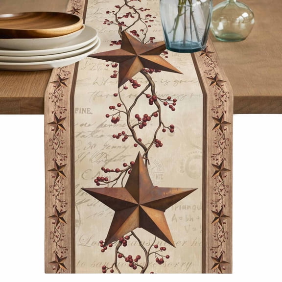 Table Runner 108 Inches Long for Kitchen Dining, Farmhouse Texas Star Brown Dresser Scarf Farmhouse, Dining Table Decorations for Wedding/Parties, Berry Vintage Wooden 13 x 108 In