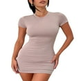 thumbnail image 4 of Women Bodycon Mini Dress Ruched Casual Short Sleeve  Neck Solid Slim Fit Tee Shirt Dress, 4 of 7