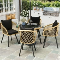 ModFusion 5-Piece Outdoor Rattan Dining Set with Umbrella Hole & Black Cushions for Patio, Backyard