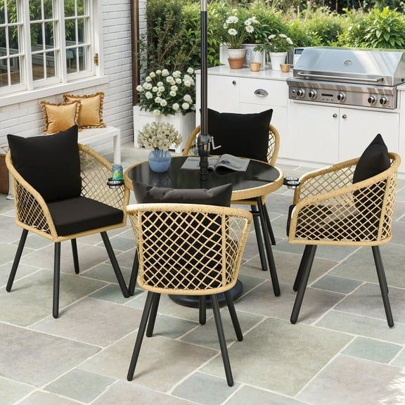 ModFusion 5-Piece Outdoor Rattan Dining Set with Umbrella Hole & Black Cushions for Patio, Backyard
