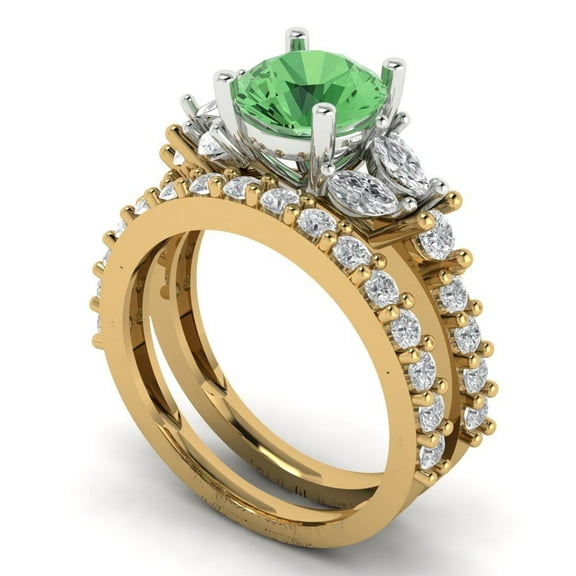 3.06 ct Brilliant Round Cut Green Zircon 18K Yellow/White Gold Solitaire with Accents Engagement Bridal Wedding Ring Band Set size 3.5