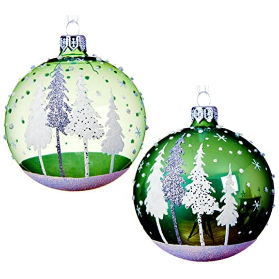 Green Forest Blown Glass Ornaments - Set of 2 Glass Balls with Pine Trees