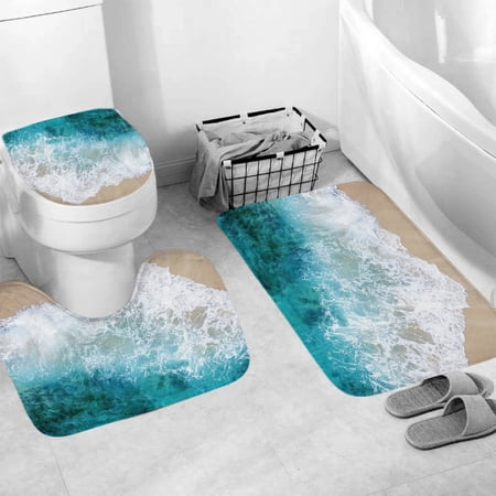 3Pcs Ocean Sea Water Bathroom Rug Sets, Non Slip Bath Mat, Contour Mat and Toilet Lid Cover, Bathroom Mats Shower Mats Bath Rug Mat for Tub Shower and Bathroom