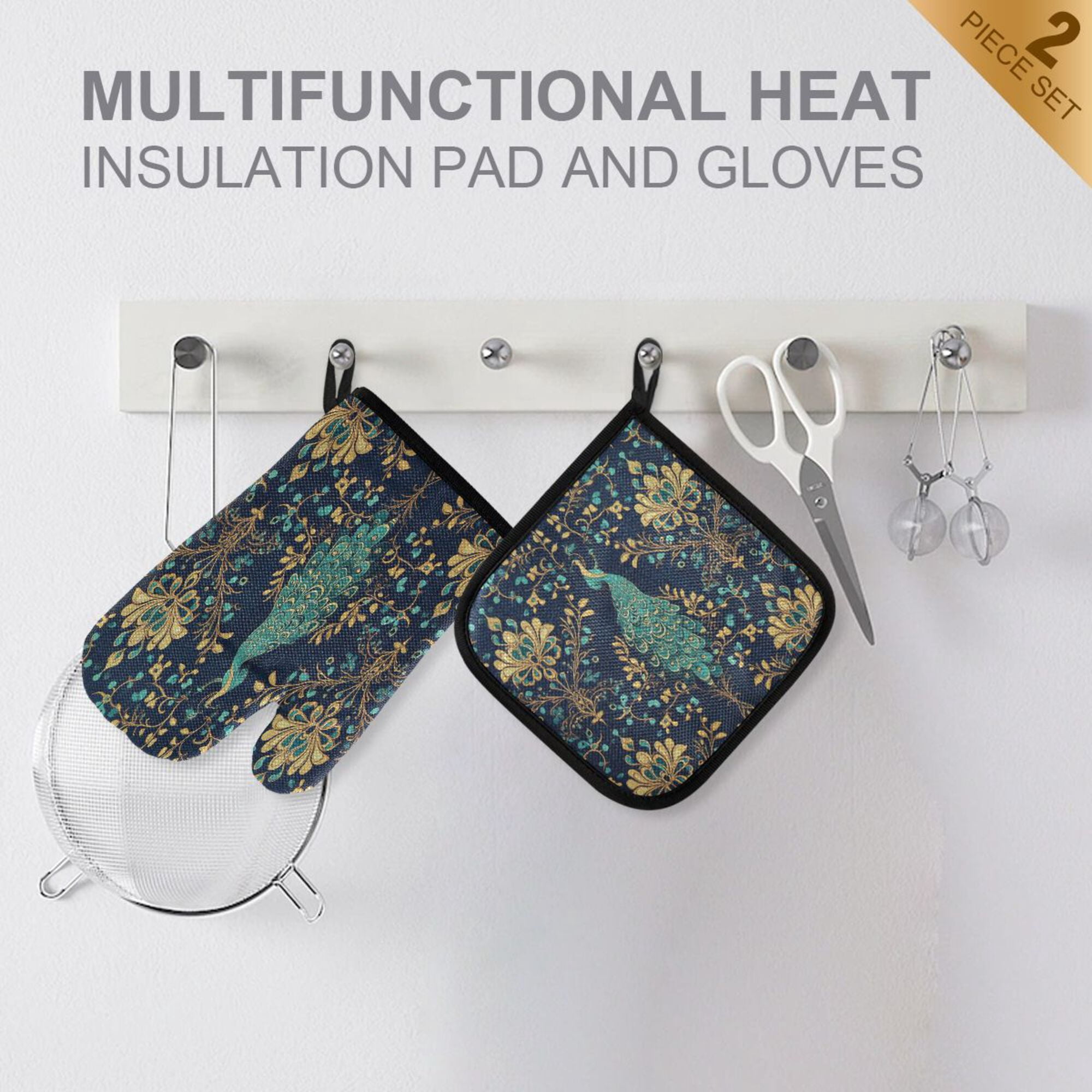 Yayeee Oven Mitts and Pot Holder Set of 4 Heat Resistant Kitchen Gloves Baking Hot Pad, Navy Blue Peacock Pattern