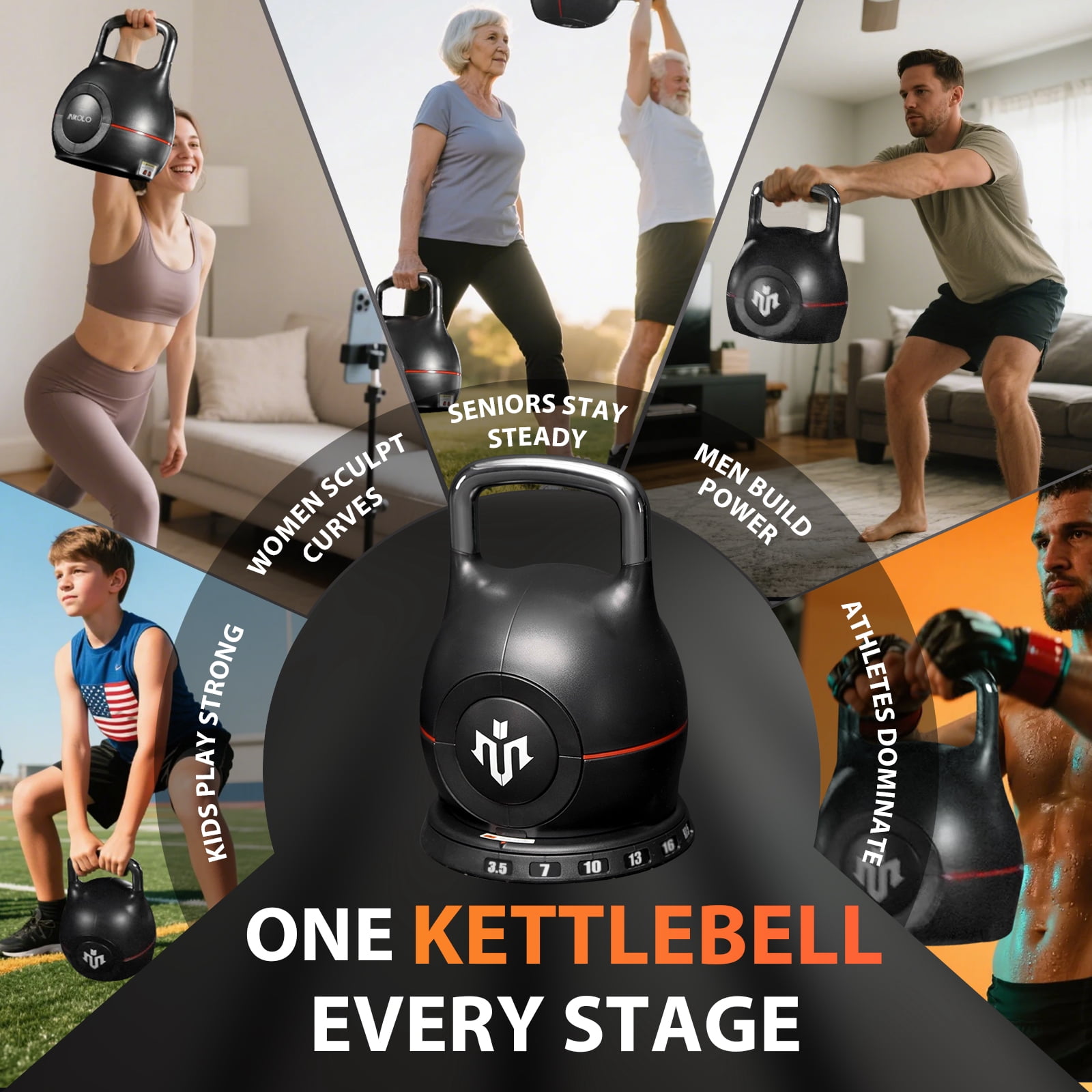 Mikolo Adjustable Kettlebell Weight Set-Quickly Adjusts 7 Weights,Ergonomic kettlebell sets for Home Gym 3.5-22.5 LBS