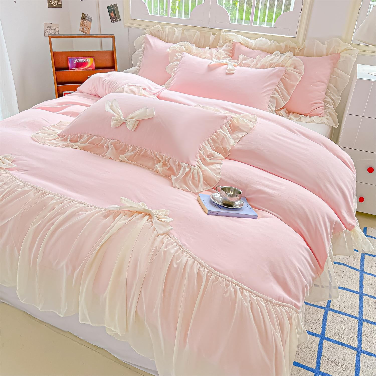 MOOWOO Ruffled Bedding Bow Duvet Cover Set with Butterfly Tie, Soft Brushed Microfiber Shabby Chic Bedding Set with Zipper Closure