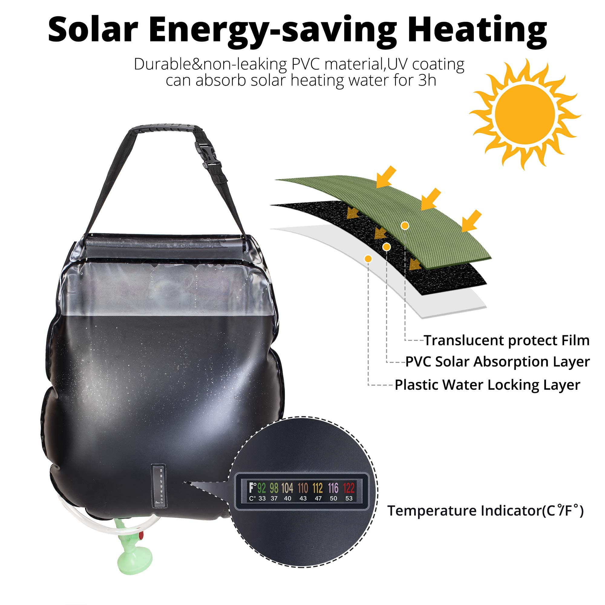 WEIYII Solar Shower Bag Portable Shower for Camping Heating Camping Shower Bag 5 Gallons/20L Hot Water 45°C Switchable Shower Head for Camping Beach Swimming Outdoor Traveling Hiking 